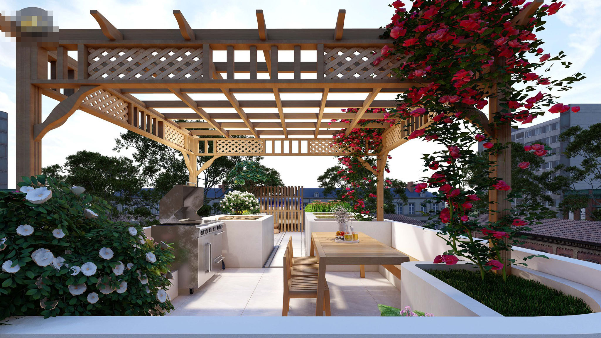 Mái gỗ/tre trang trí mang đến vẻ đẹp tự nhiên, ấm cúng và phong cách độc đáo cho sân thượng.