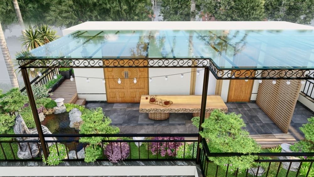 Mái kính cường lực hiện đại, bền chắc và lấy sáng tối ưu.